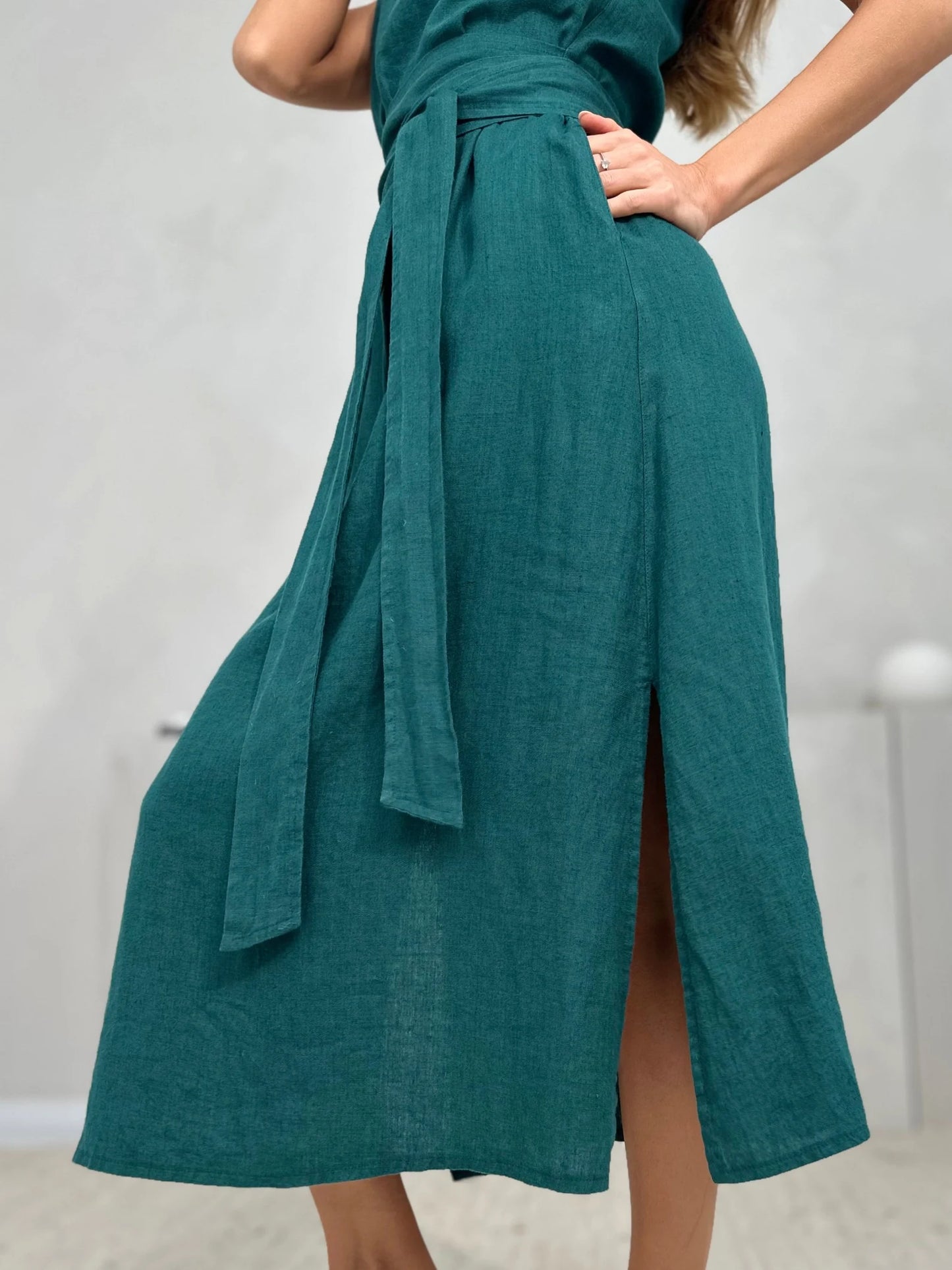 Robe femme verte longue – Robe estivale fluide ceinturée