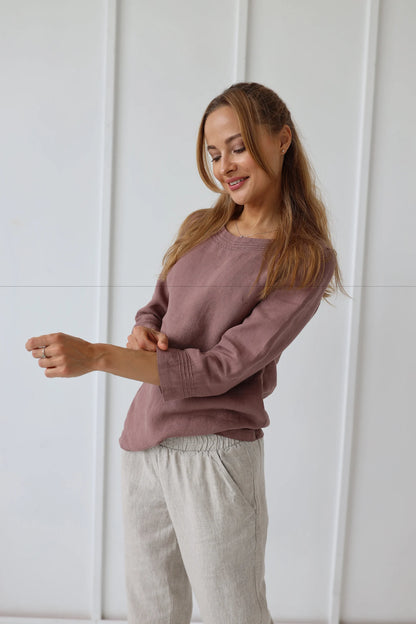 Top femme vieux rose manches trois-quarts – Haut fluide et naturel