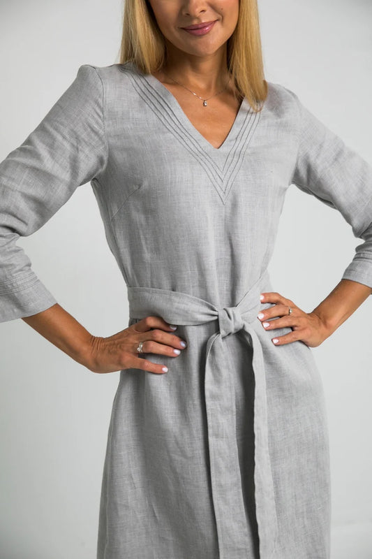 Robe femme manches longues ceinturée – Robe élégante à décolleté en V