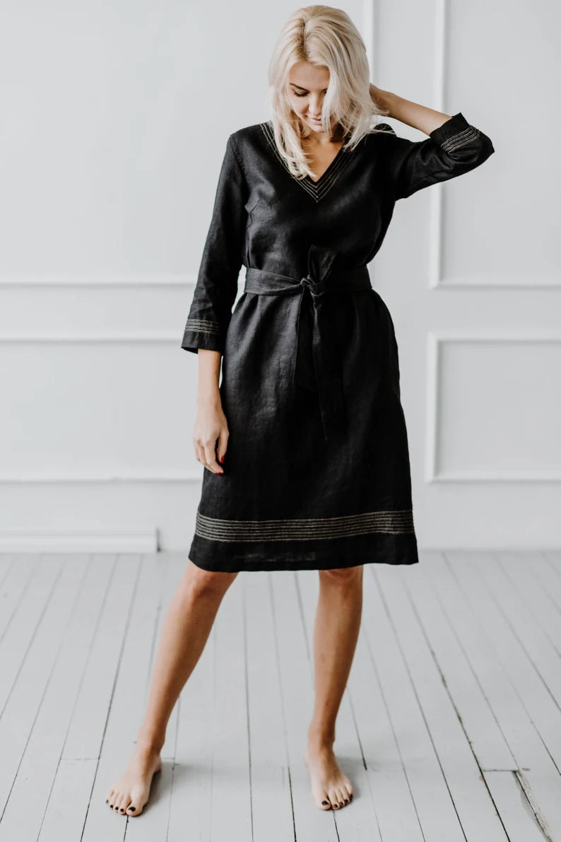 Robe femme manches longues ceinturée – Robe élégante à décolleté en V