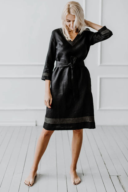 Robe femme manches longues ceinturée – Robe élégante à décolleté en V