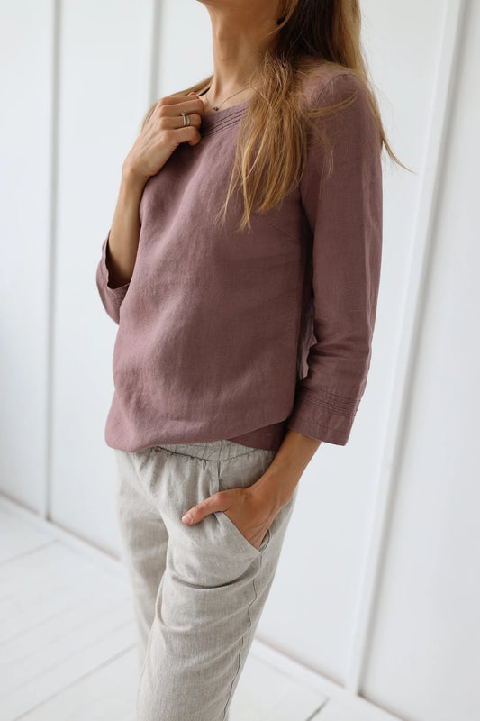 Top femme vieux rose manches trois-quarts – Haut fluide et naturel