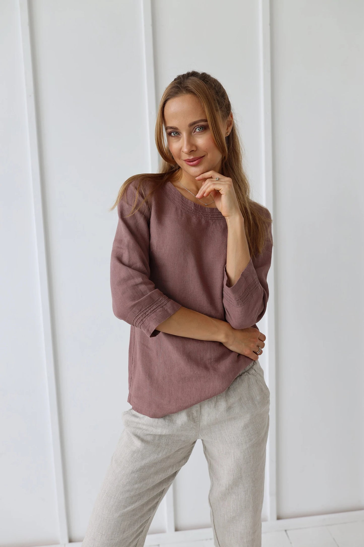 Top femme vieux rose manches trois-quarts – Haut fluide et naturel